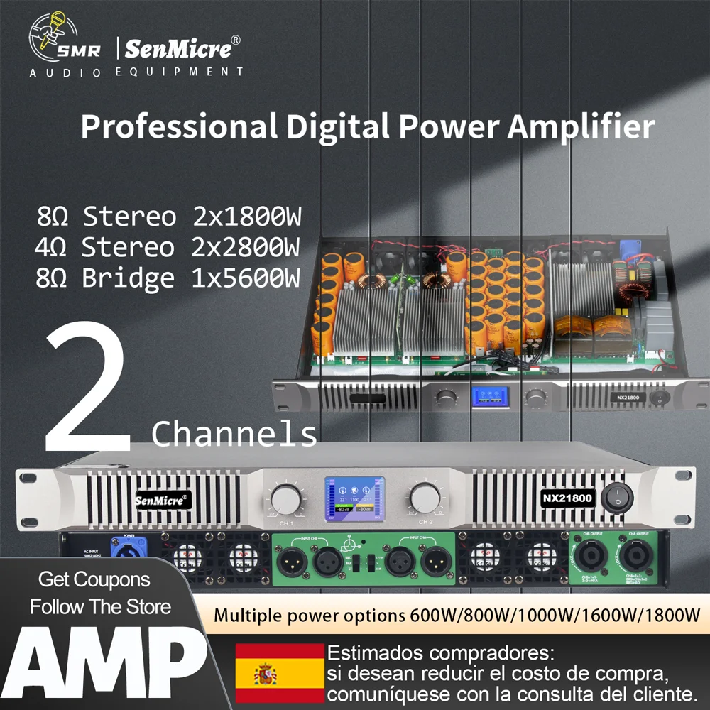 Amplificador de potencia digital profesional SenMicre NX21800 de 2 x 1800 W y 8 ohmios, amplificador de potencia para subwoofer de DJ de 2 canales y 1 U, amplificador de sonido con altavoces de matriz de línea de audio