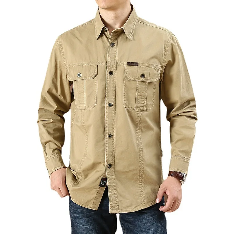 Men Long-sleeved Multi-pocket Tooling Shirts Male Cotton Military Outdoor Casual Shirts Good Quality Man Large Size Solid Shirts