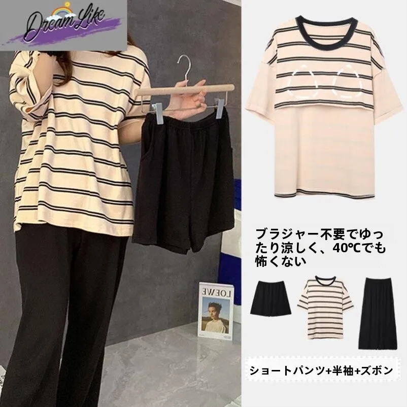 女性の夏用寝間着-胸パッド付き-ルーズフィット-半袖-ストライプ柄-ホームウェア-快適で通気性があり軽量