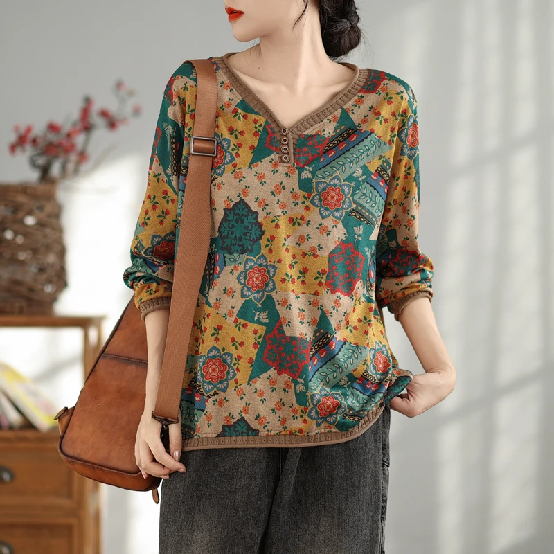 Herbst Neue Lange Sve T-shirt frauen Künstlerische Vielseitige Retro Patchwork Rippen Druck Große Größe Lose V-ne Basis irt Thi...