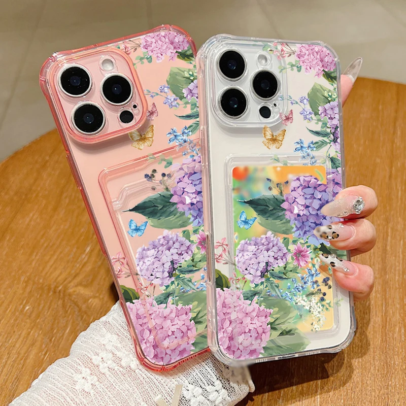 Case For iPhone 16 Pro Max Luxury Card Slot Purple Flower Clusters Clear Soft Silicone Cover For iPhone 11 12 13 14 15 Pro Max