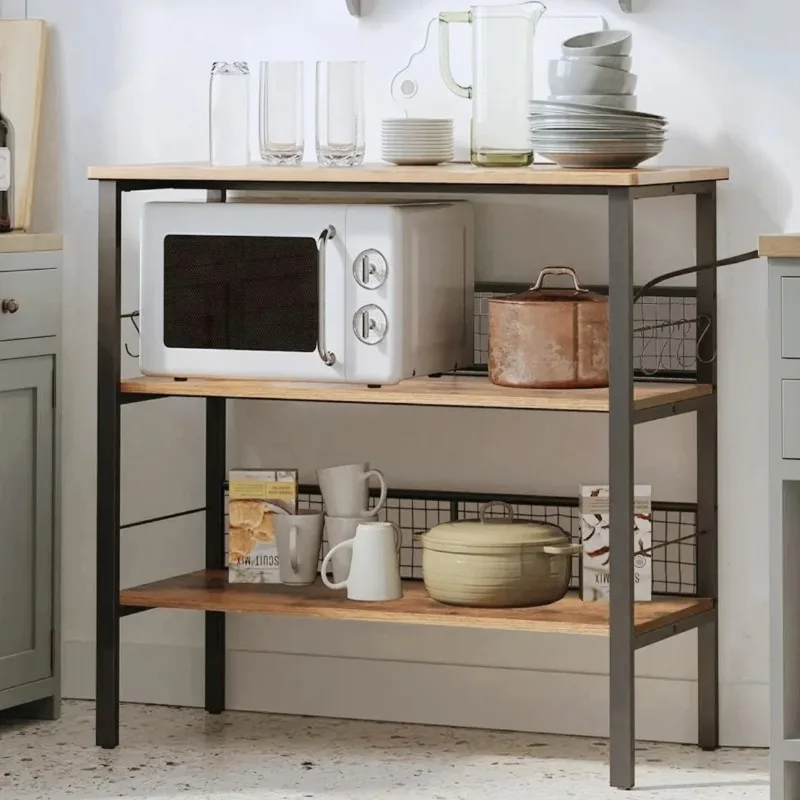 

Rolling Kitchen Storage Cart Island with large open shelves and Large Worktop, 3-Tier Kitchen Baker’s Rack with 10 Hooks,