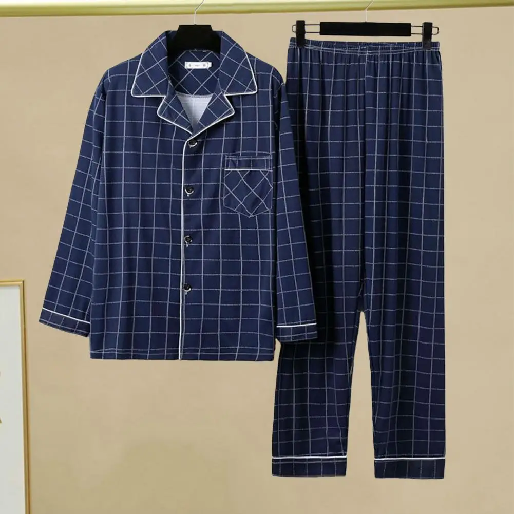 Conjunto de pijama estampado xadrez listrado elegante masculino, lapela combinando cores, peito único, manga longa larga, outono, inverno, roupas de noite masculinas