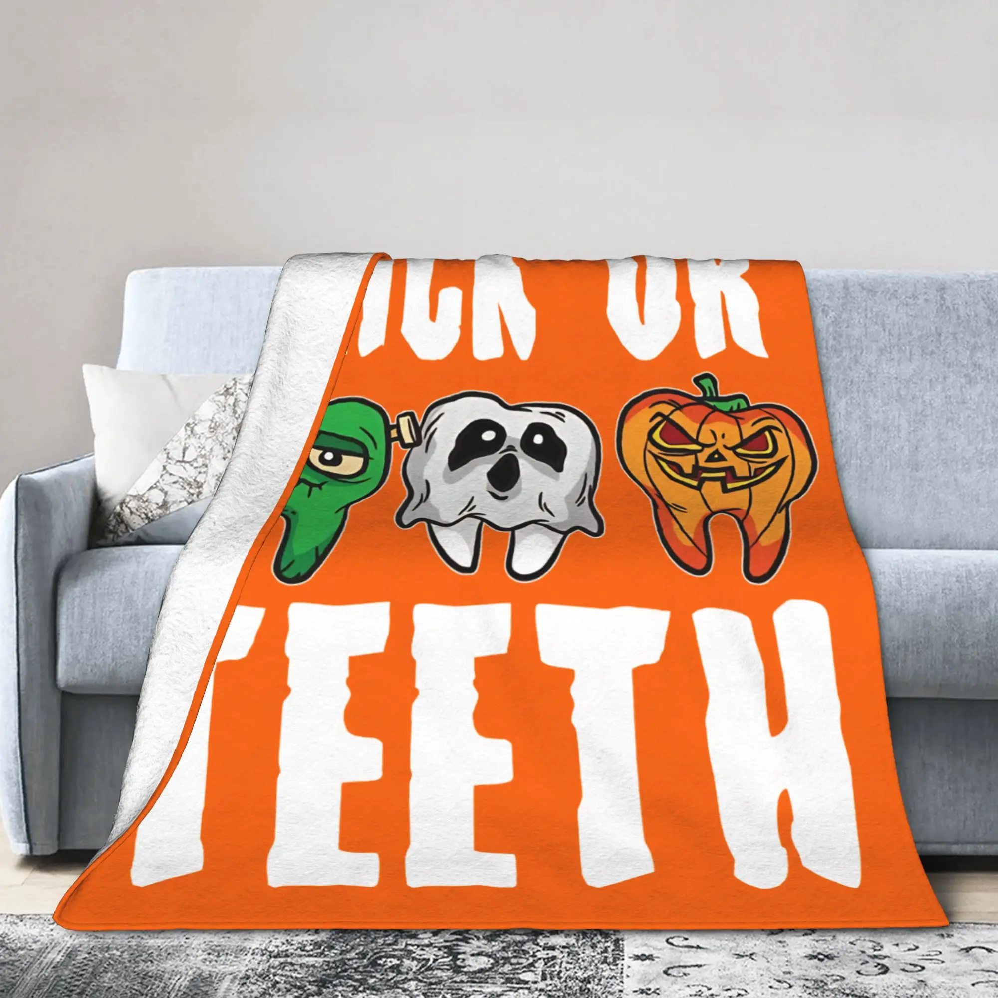 Trick or Teeth Dentist  Flannel Blankets Cartoon Teeth Helloween Vintage Throw Blankets for Home 125*100cm Rug Piece,