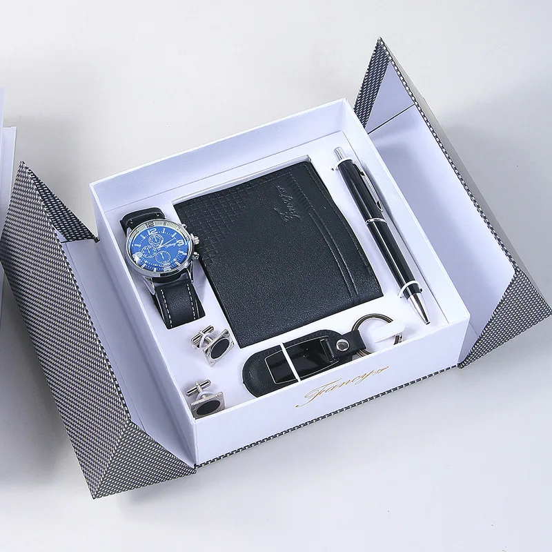 New Fashion Watch Men’s Gift Set Wallet Belt Keychain Cufflinks Ballpoint Pen Quartz Wristwatches Men Gift Box Gifts for Him