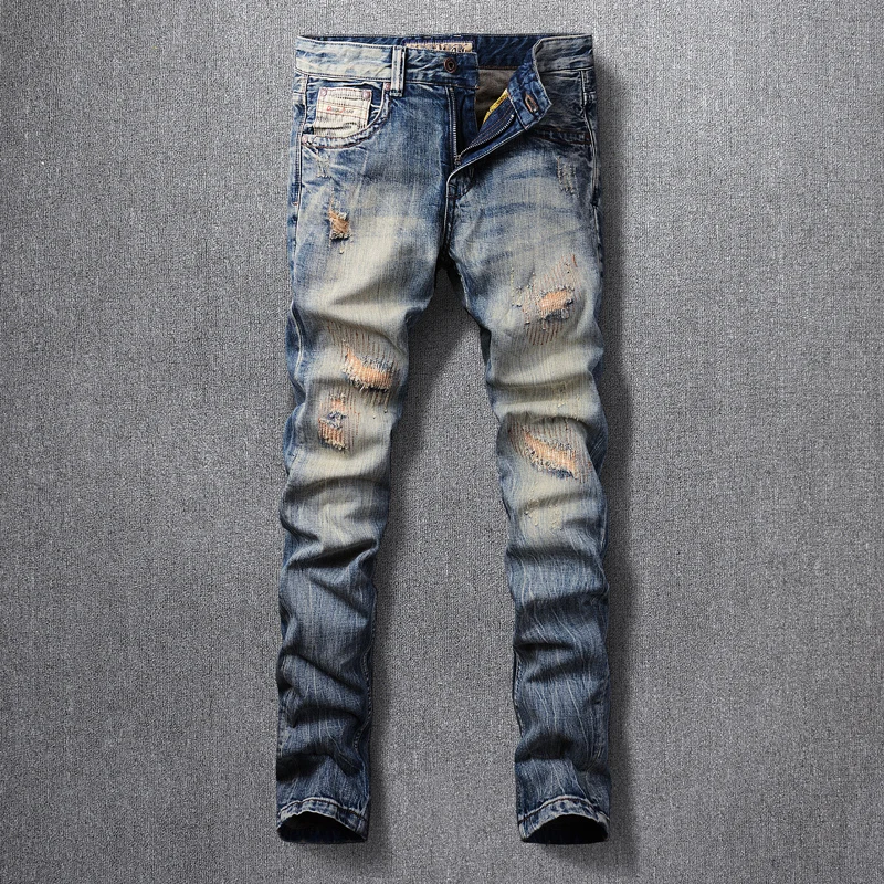 

Fashion Designer Men Jeans Retro Washed Blue Slim Fit Embroidery Patched Ripped Jeans Men Italian Style Vintage Denim Pants