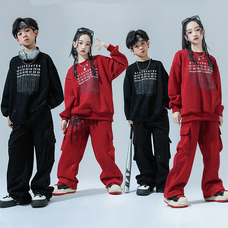 

Kid Wine Red Black Silver Glitter Hip Hop Clothing Letters Sweatshirt Casual Sweat Pants for Girl Boy Jazz Dance Costume Clothes