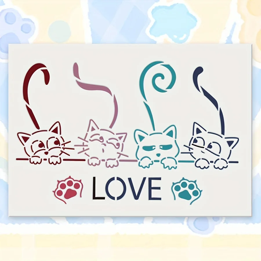고양이 사랑 그리기 스텐실 |   재사용 가능 |   DIY 중공 에어브러시 템플릿 |   귀여운 발 프린트 디자인 |   공예 낙서 그림 도구