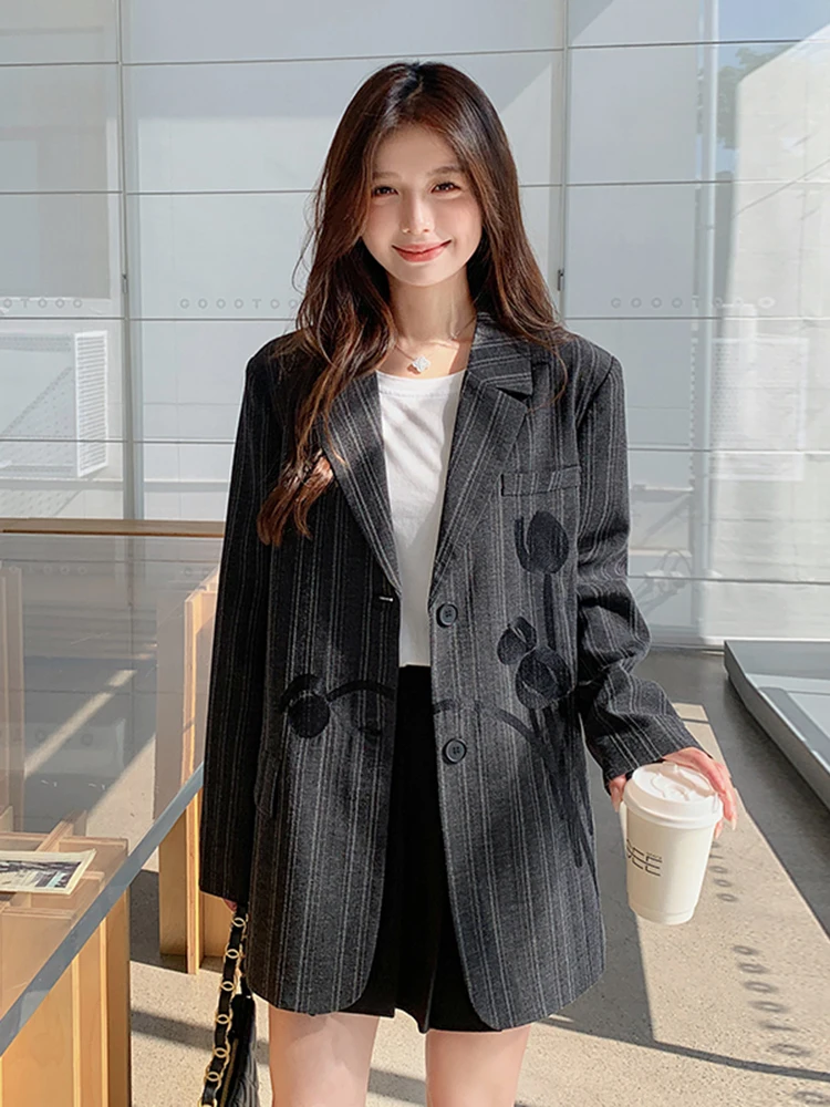 YERMORA Fashion Embroidered Striped Blazer Women's 2024 Autumn New Notched Single Breasted Fashion Personalized Coats Female