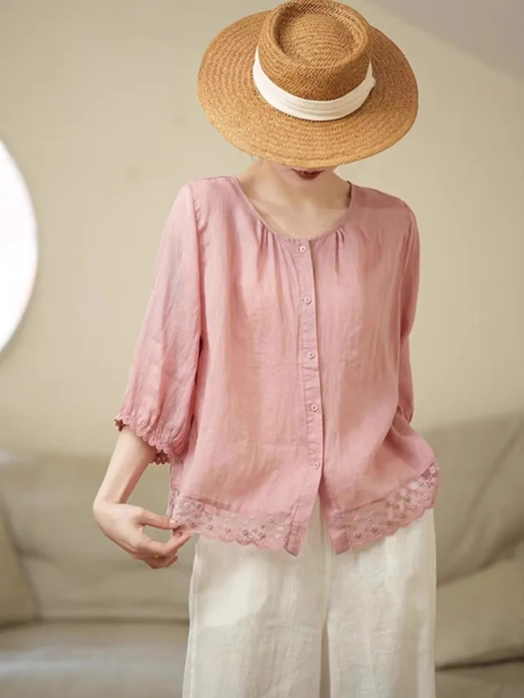 Retro Lace Trim Linen irt Women Summer Loose Thin Seven Sve Zen Sle Cotton Blend Regular Fit round Ne Button up Top