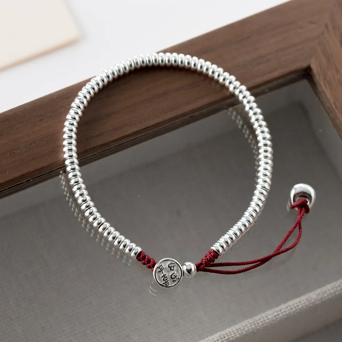 Total 26cm 925 Sterling Silver Rope Bracelets Silver Bead Retro Chinese Bless Red Thread Line String Bracelets For Women Girls