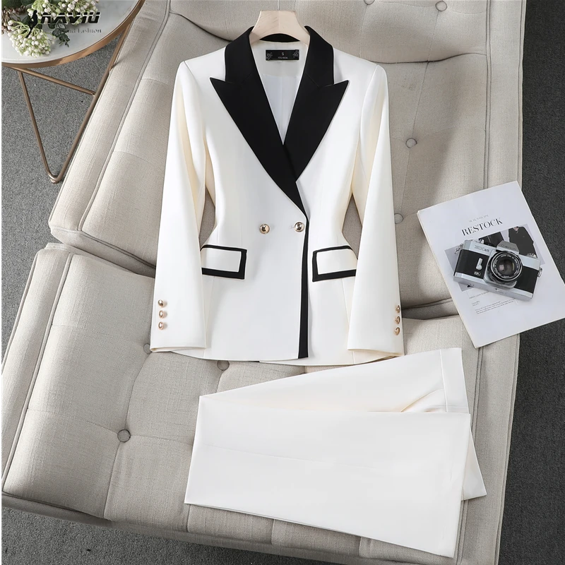 

NAVIU Fashion Khaki Black White Women Pant Suit 2 Piece Set Office Ladies Female Business Work Wear Formal Blazer and Trouser