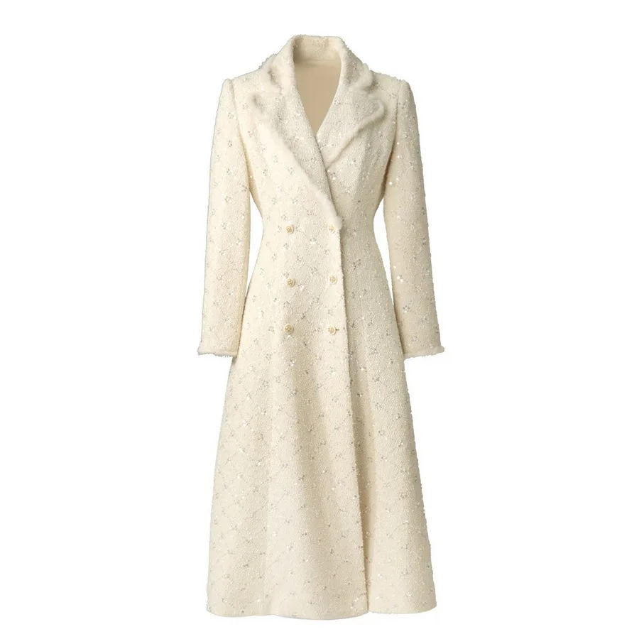 

Новинка зимы 2025 года европейской и американской женской одежды, костюм с длинными рукавами, двубортный воротник, твидовое пальто с блестками