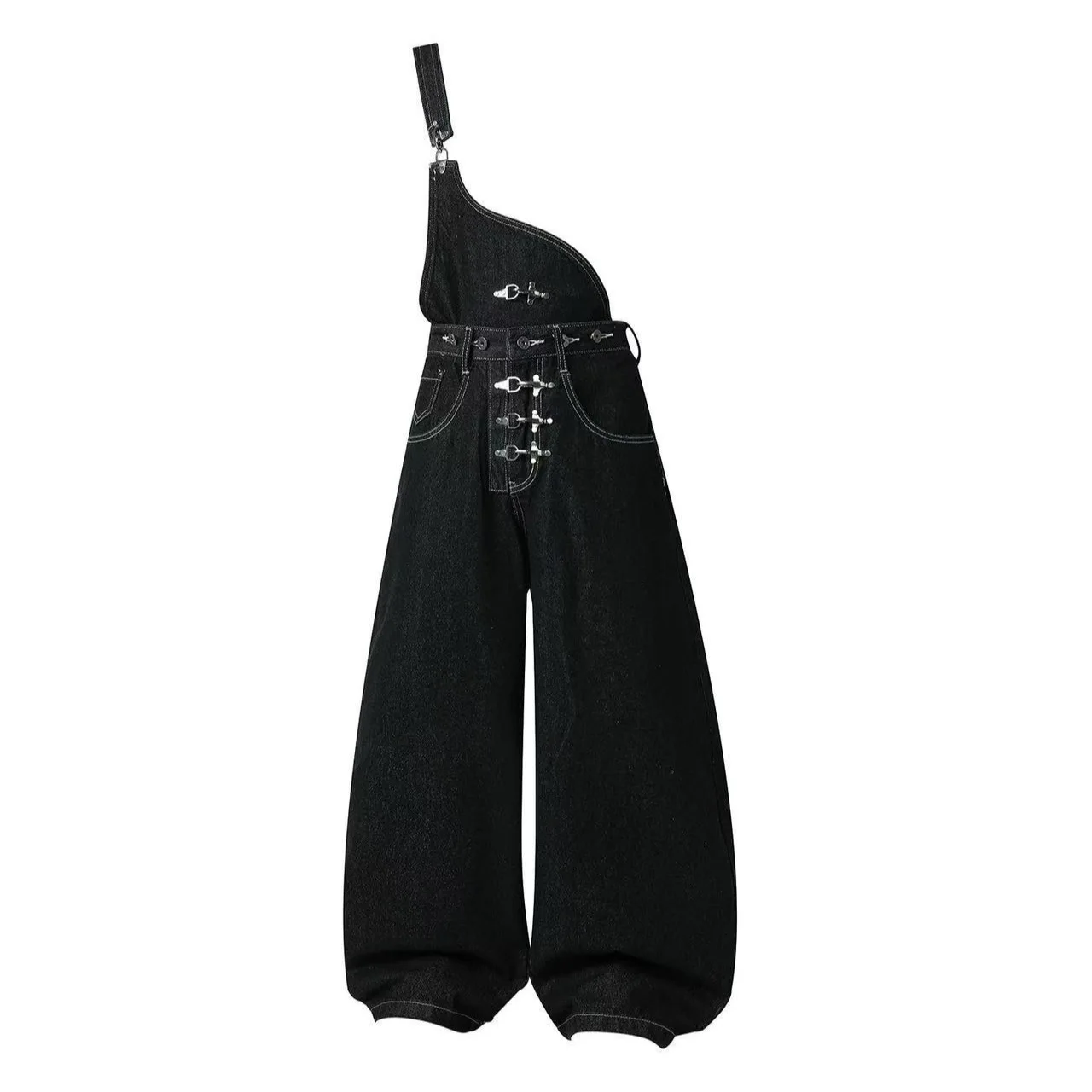 Men Women American Vintage Detachable‑Strap Denim Overalls, 2026 Summer New Black Loose Long Jeans Spicy Girl Style