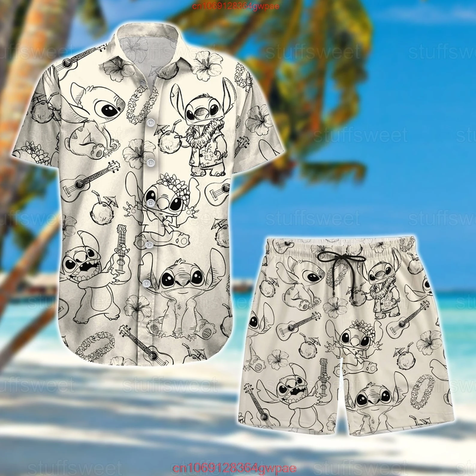 Disney Stitch Men Women Hawaiian Shirt Set of 2 Vintage Button Up Shirt Board Shorts Casual Set Summer Disney Hawaiian Shirt Set