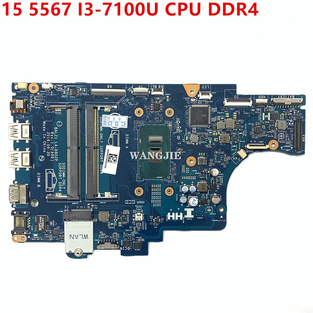 Placa-mãe portátil para Dell, Dell Inspiron 15, 5567, I3-7100U, CPU, DDR4, BAL21, LA-D802P, CN-057K0H, 057K0H, 100% de trabalho