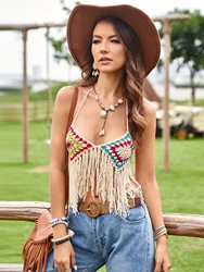 Women's Beach Outfit Cami Top Crochet Colorful Geometric Tassel Trim Backless Cami Top For Vacation Music Festivals