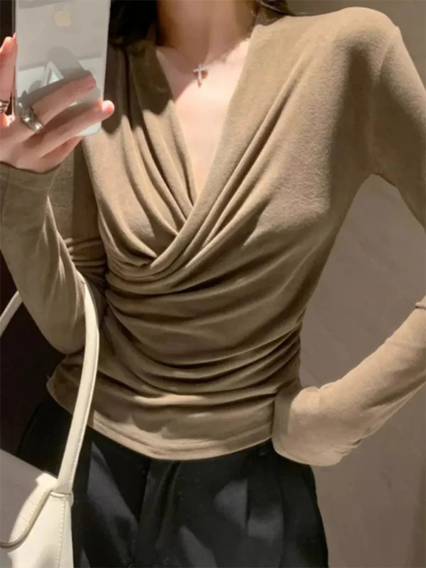 Black Cross V-neck Long Sleeve T-shirt Women's Spring Autumn Slim Fit Waist Cinched Sexy Tight Top Casual Style Casual Fashion
