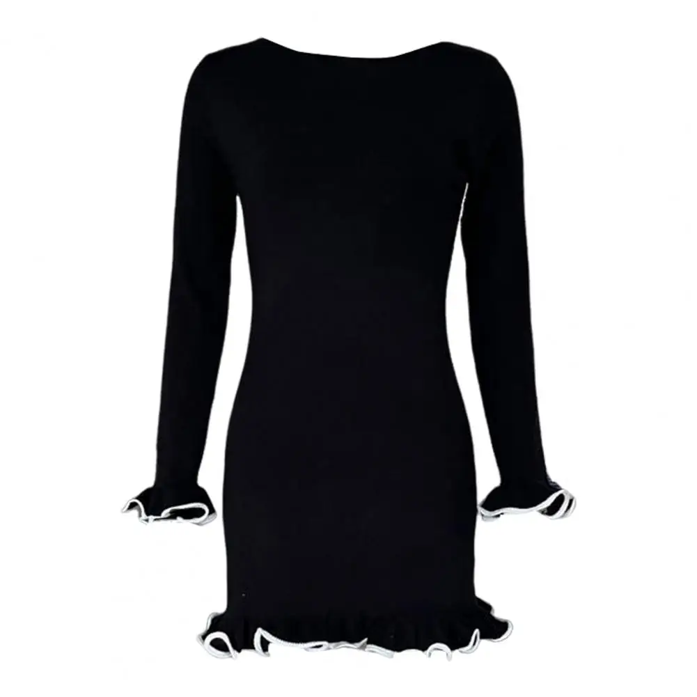 Abito attillato da donna elegante abito tubino con orlo arricciato per donna Mini abito da ballo a maniche lunghe Slim Fit tinta unita