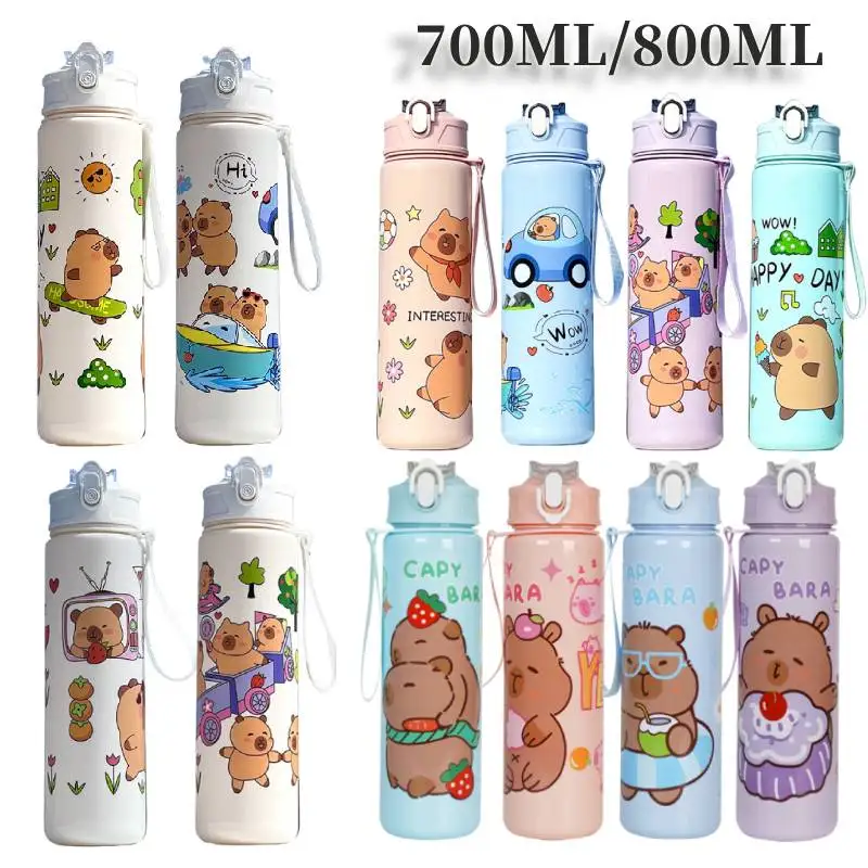 Bouteille d'eau Capybara anti-fuite de 8/700ml, bouteille d'eau ours visuellement attrayante avec paille et poignée pour le sport et le Fitness, sans BPA