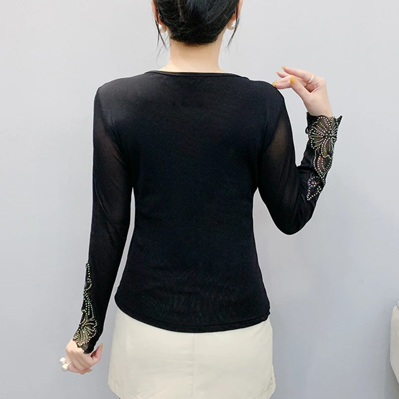 New,Fall,Winter,European,Clothes,Mesh,T-Shirt,Chic,Sexy,V-Neck,Patchwork,3D,Shiny,Diamonds,Women,Tops,Long Sleeve,Drill,Tees,580