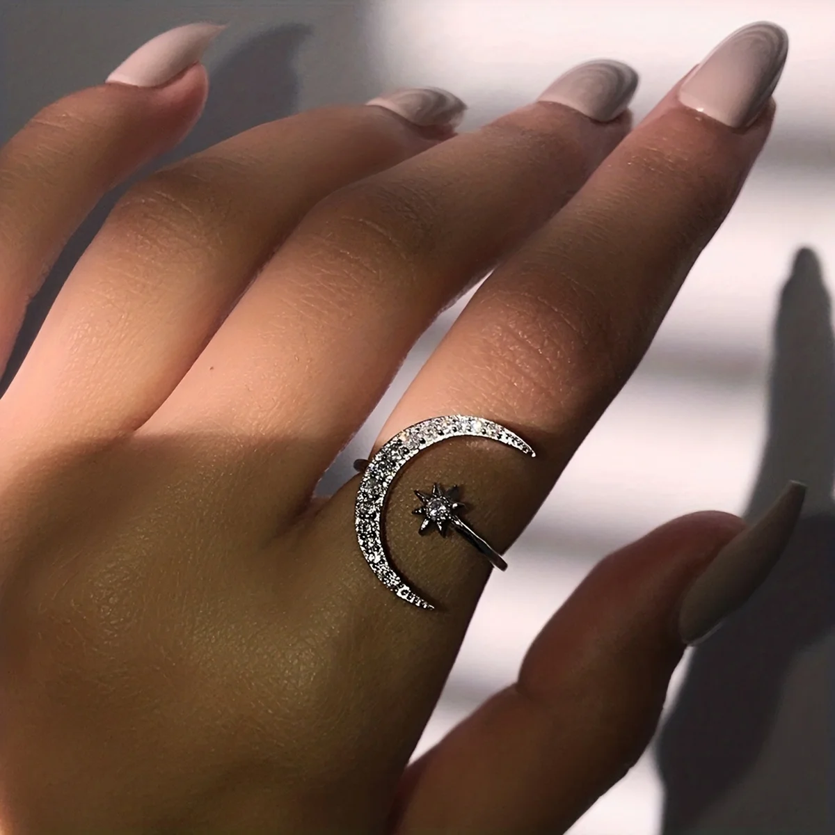 Trendy Cuff Ring Moon And Sun Design Crescent Shape Inlaid Rhinestone Match Daily Outfits Dainty Party Accessory