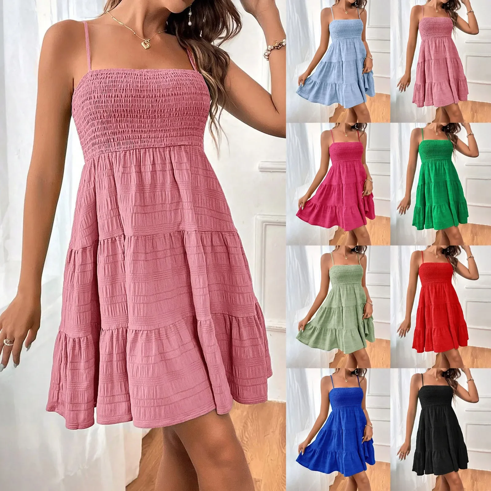 Bohemian Beach Sundress Women Sexy Sleeveless Backless Big Swing Mini Dress Solid Spaghetti Strap Ruffles Dresses Vestidos 2025