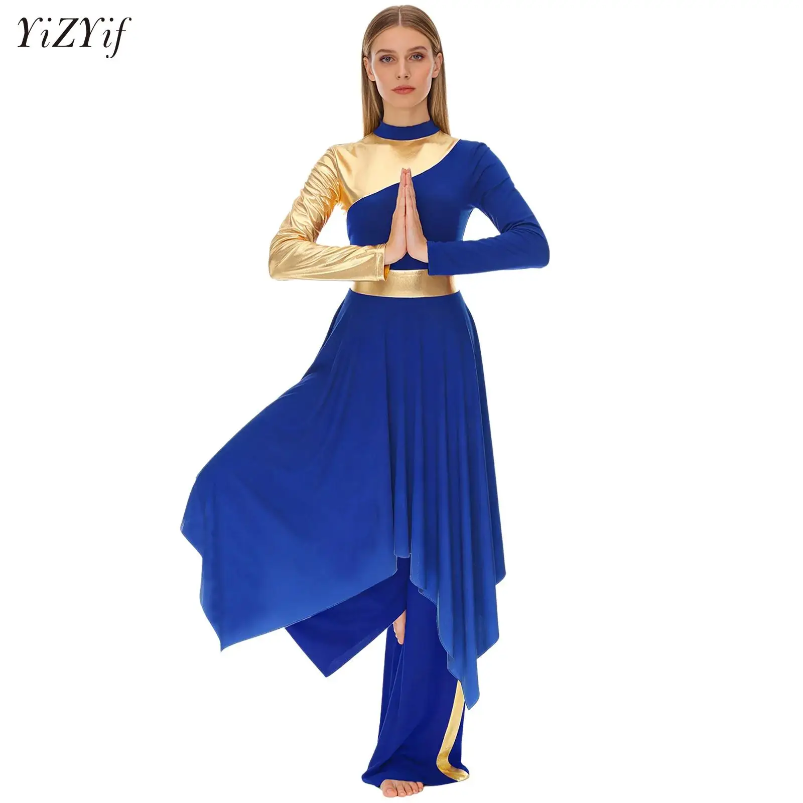 

Long Sleeve Contrast Color Ballet Dance Dress Modern Lyrical Dance Costume Dress Gymnastics Leotard Dance Dress and Pants Women