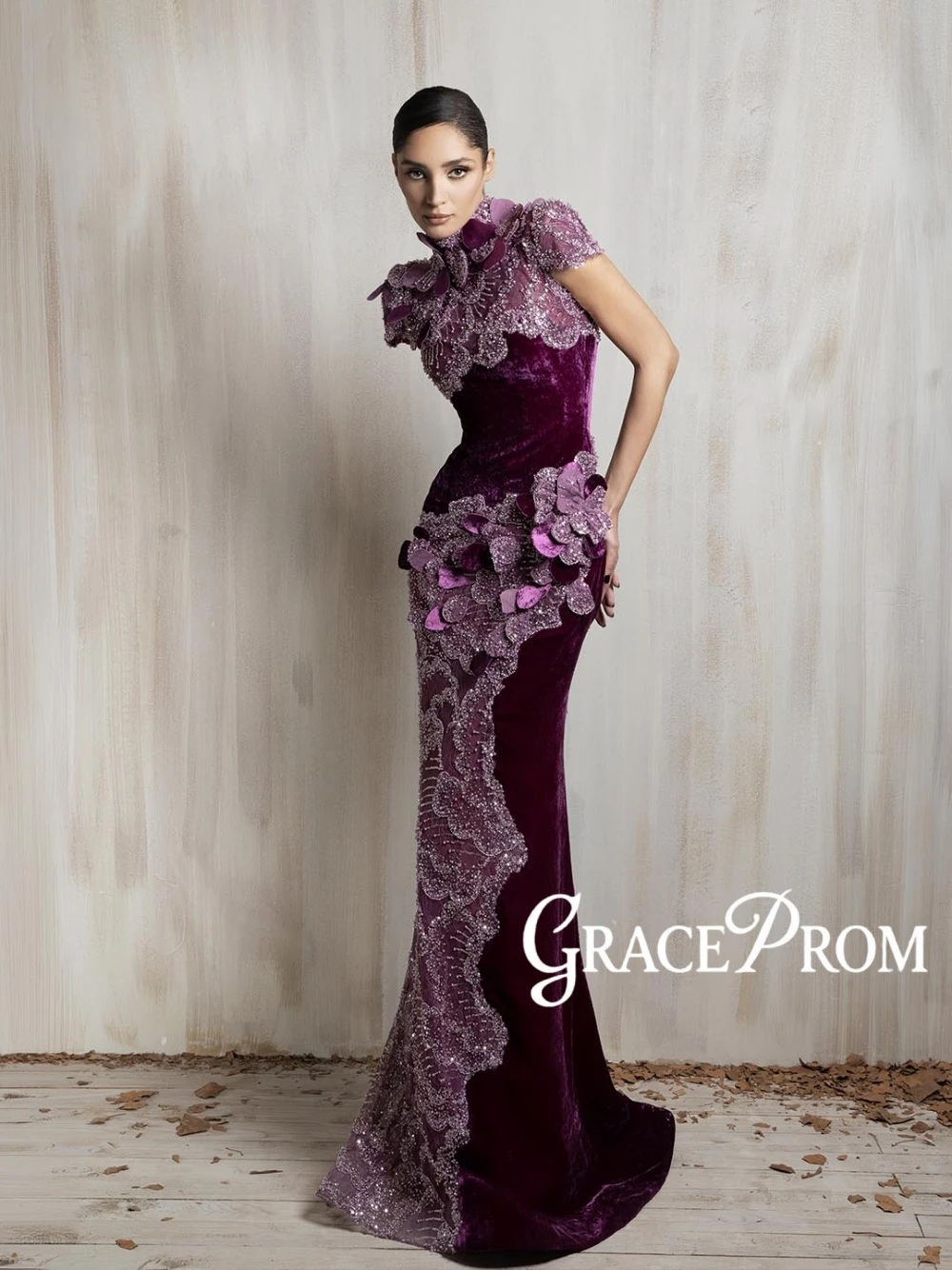 

GRACEPROM Haute Couture Purple Velvet Mermaid Evening Gown Handmade 3D Flowers Beaded Lace Formal Dress For Red Carpet Cocktail