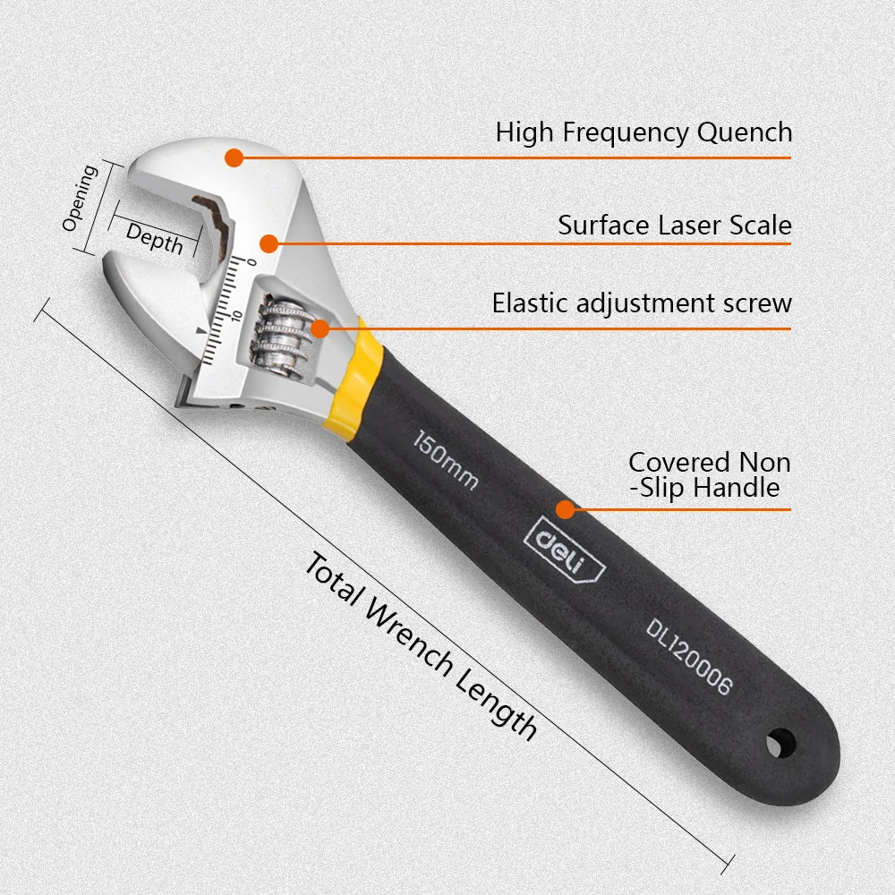 Deli 1 Pcs 6/8/10/12 Inch Universal Spanner Adjustable Wrench Strong with Non-slip Handle Large Opening Monkey Wrench