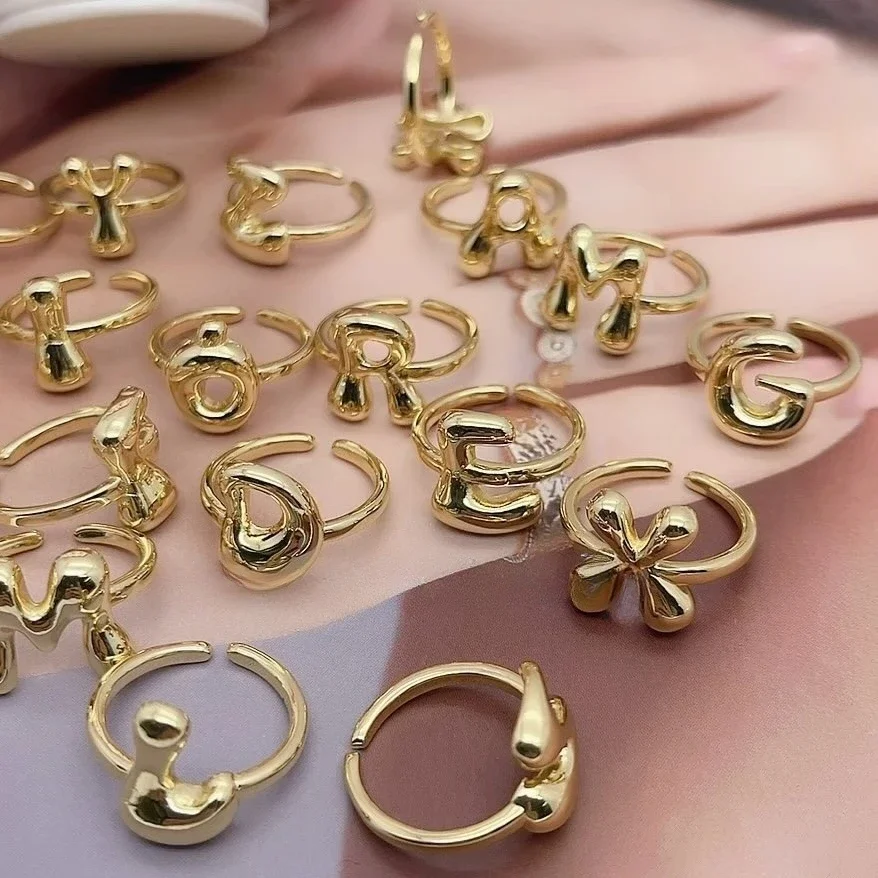 Fashion Gold Plated Chunky Letter Rings for Women Stackable Bubble Initial Open Ring A-Z Alphabet Finger Statement Jewelry