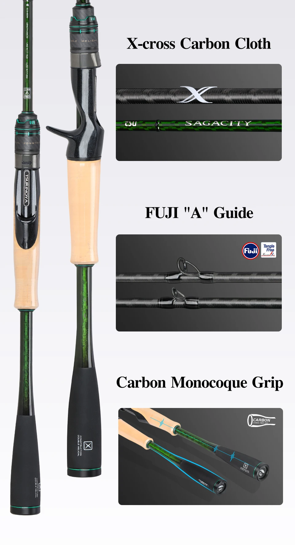 TSURINOYA F Action L ML M MH SAGACITY Race Bass Fishing Rod FUJI Guide Rings 1.96m 2.03m 2.06m 2Section Spinning Casting Carbon