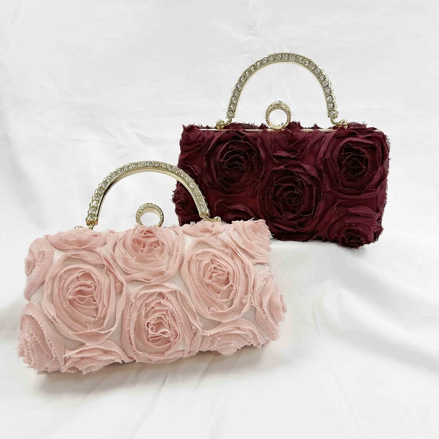 

Elegant rose Flower dinner bag, box handbag, Metal handle chain crossbody bag, Wedding bridal party Evening bag Ladies Clutches