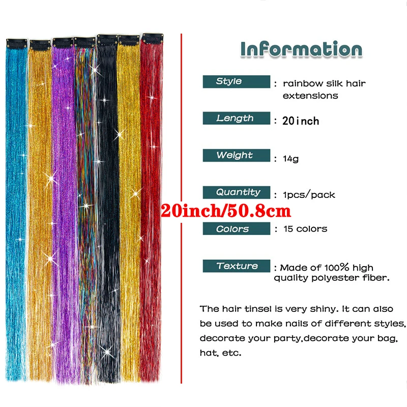 Clip In Hair Tinsel Fairy Hair Tinsel 5Pcs 15Colors Glitter Colorful Clip On Tinsel Hair Extensions For Girls Hair Accessories