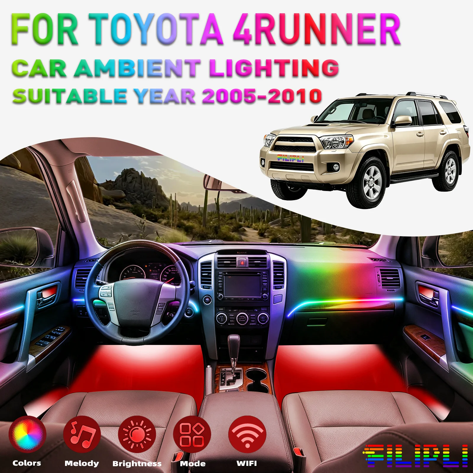 For TOYOTA 4Runner 2005‑2010 DREAMCOLOR 18 Lights Kit 256 Colors 18 in 1 Hidden Acrylic LED Strip Radial Burst Glow Neon Light Strip Radiating Color Spread Custom SUV Interior Styling Upgrade Kits