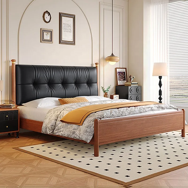 #Modern King-Size Luxury Leather Bed with Storage Popular American Upholstered Home Furniture Solid Wood Frame Mahogany.
