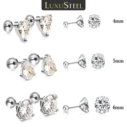 LUXUSTEEL 3-8mm Zirconia Stud Earrings Women Girls Men Punk Stainless Steel Stone CZ Crystal Round Black Silver Color Piercing