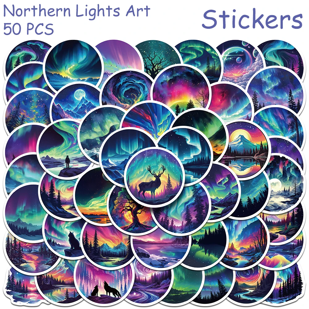 

50pcs Northern Lights Arts Stickers Decals For Phone Scrapbook Skateboard Suitcase Helmet DIY Aesthetic Waterproof Stickers