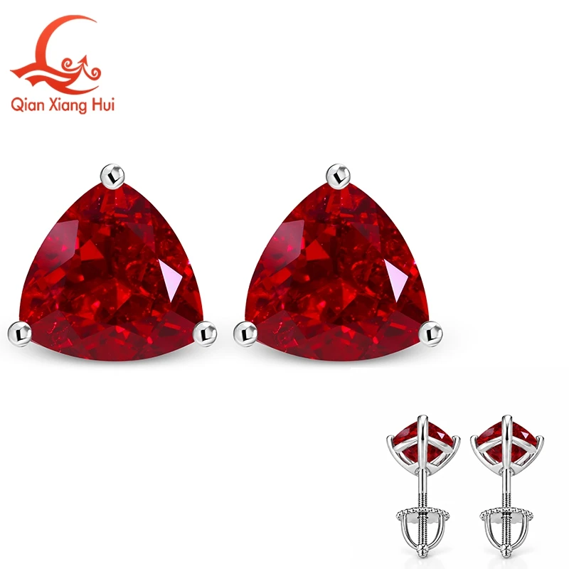 8MM/9MM Trillion Cut Lab Grown Ruby blue pink Sapphire Stud Earrings 925 Silver Screw Back Earrings Gemstone Jewelry For Women