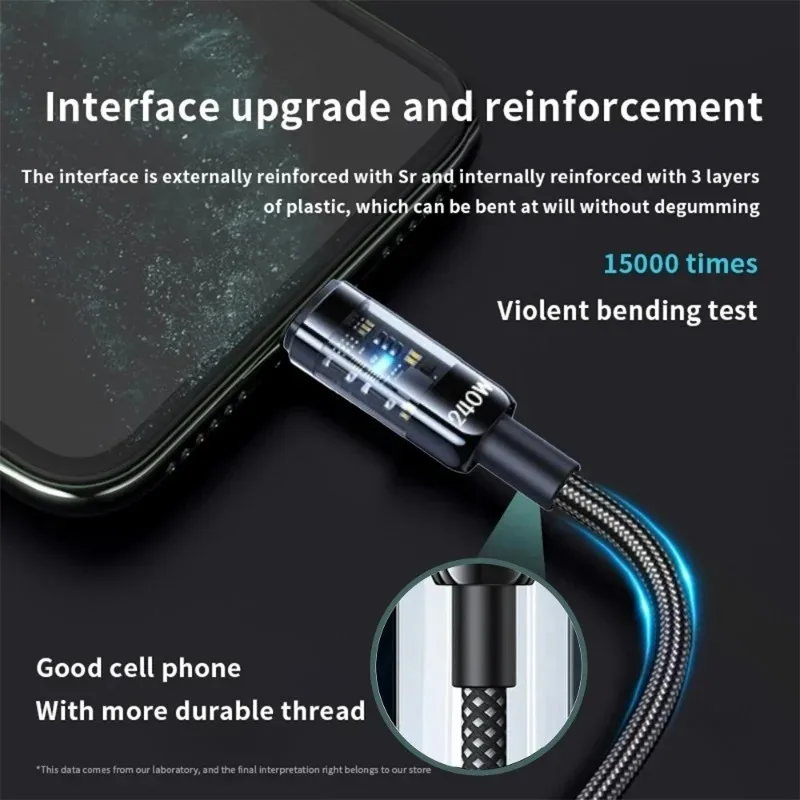High Power 240W 10A Quick Charge 3.0 Type C Cable Clear Transparent Nylon Braided USB-C Charging Cord PD Fast Data Transfer Wire