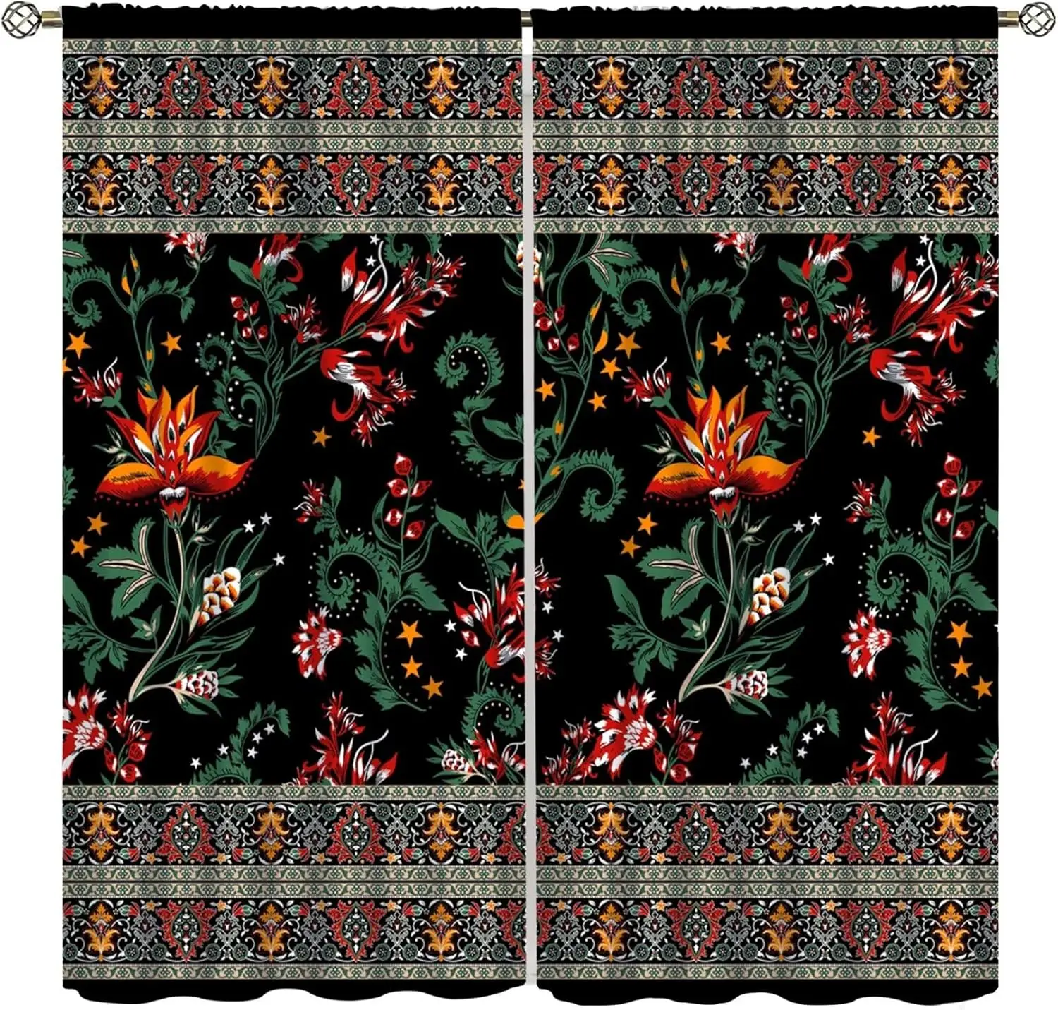 Vintage Bohemian Curtains, Abstract Paisley Floral Boho Style Indian Mandala Pattern Print Living Room Curtains for Bedroom