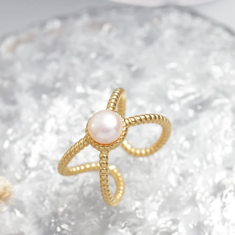 Elegant Minimalist 925 Sterling Silver Rings with Natural Freshwater Pearl 18K Gold Plated Open Ring Trendy Women's Jewelry Gift
