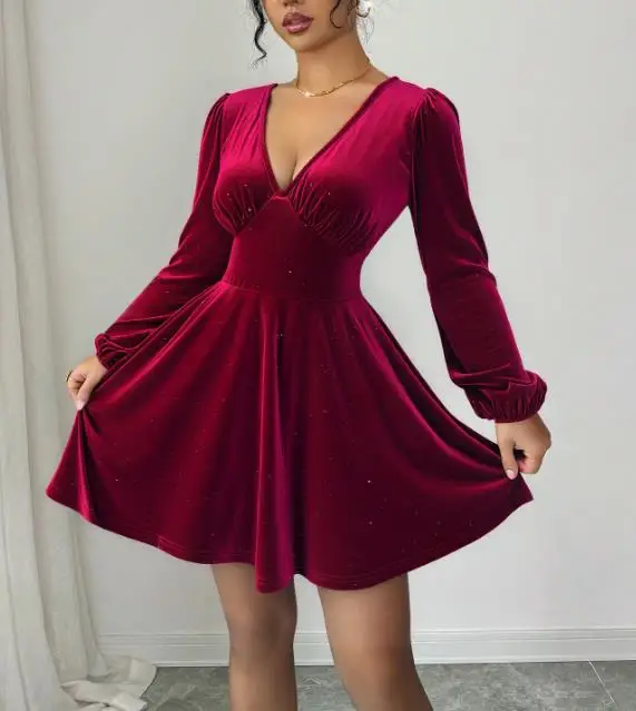 

Vintage Socialite Wine Red Velvet V-Neck Lantern Sleeves Slim Fit and Slimming A-Line Pleated Short Dress
