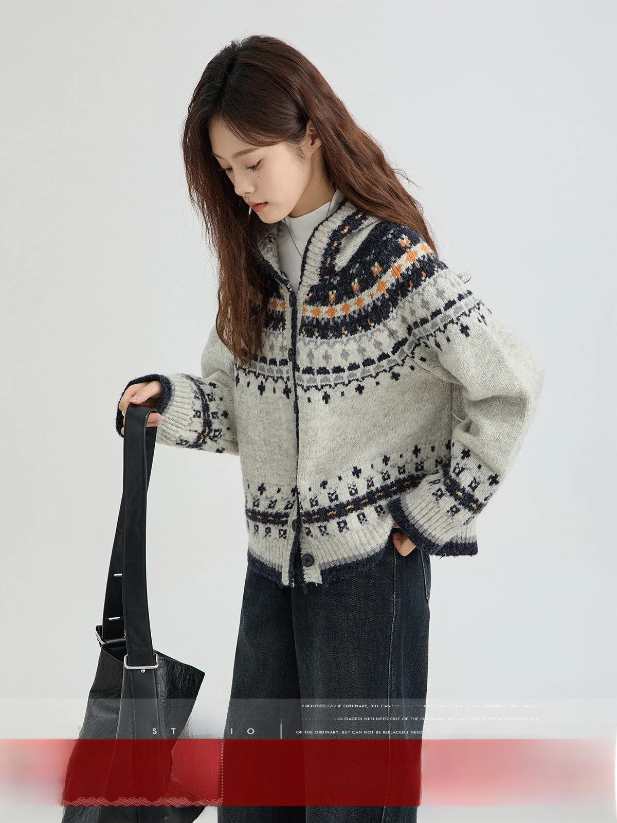 

MoZao ey Advanced Feeling Fair Isle Толстовка с капюшоном Открытый кардиган Женский свободный топ Lazy Sle Осенний сезон Неудобный трикотаж