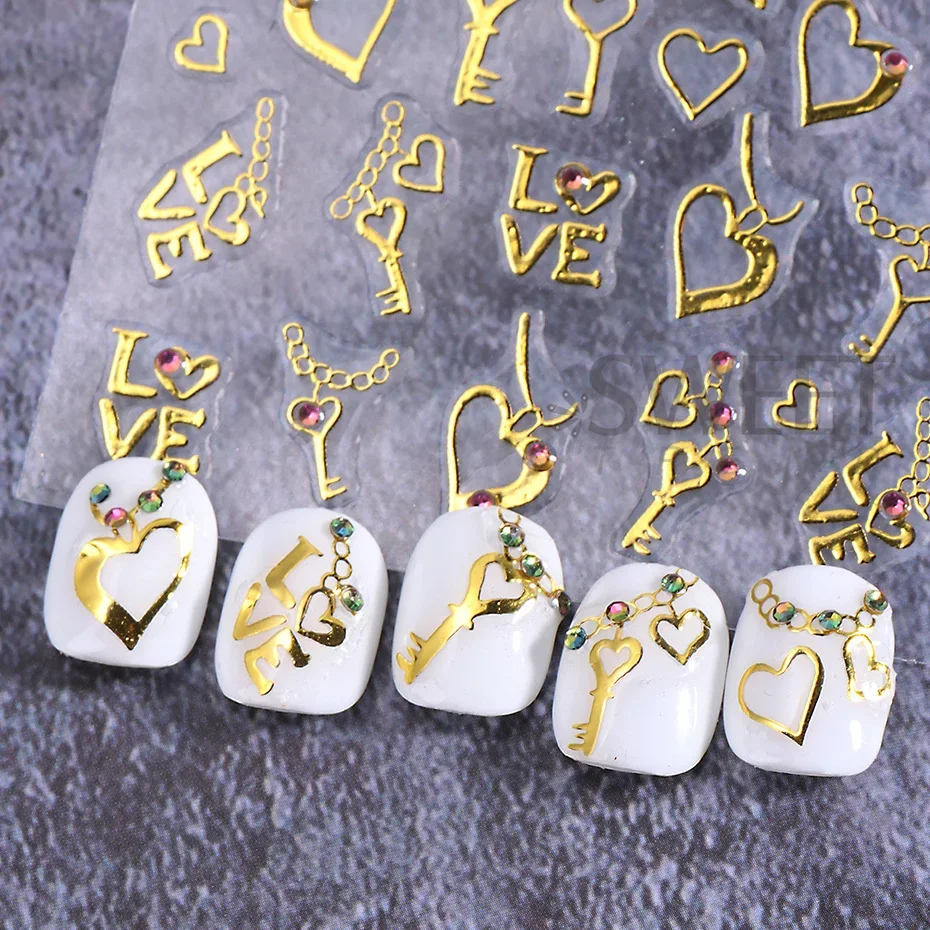 Gouden Valentijnsdag Strass Nagelsticker 3D Bronzing Liefde Hart Sleutelhanger Strik Gem Sieraden DIY Y2K Holografische Nageldecoratie