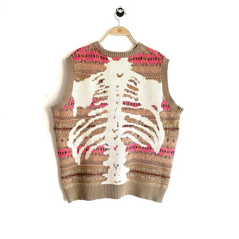 

Non Kapital Vintage Skeleton Printed Round Neck Men's Ethnic Retro Pattern Knitted Pullover Loose Sweater Vest Annual Jia Brand