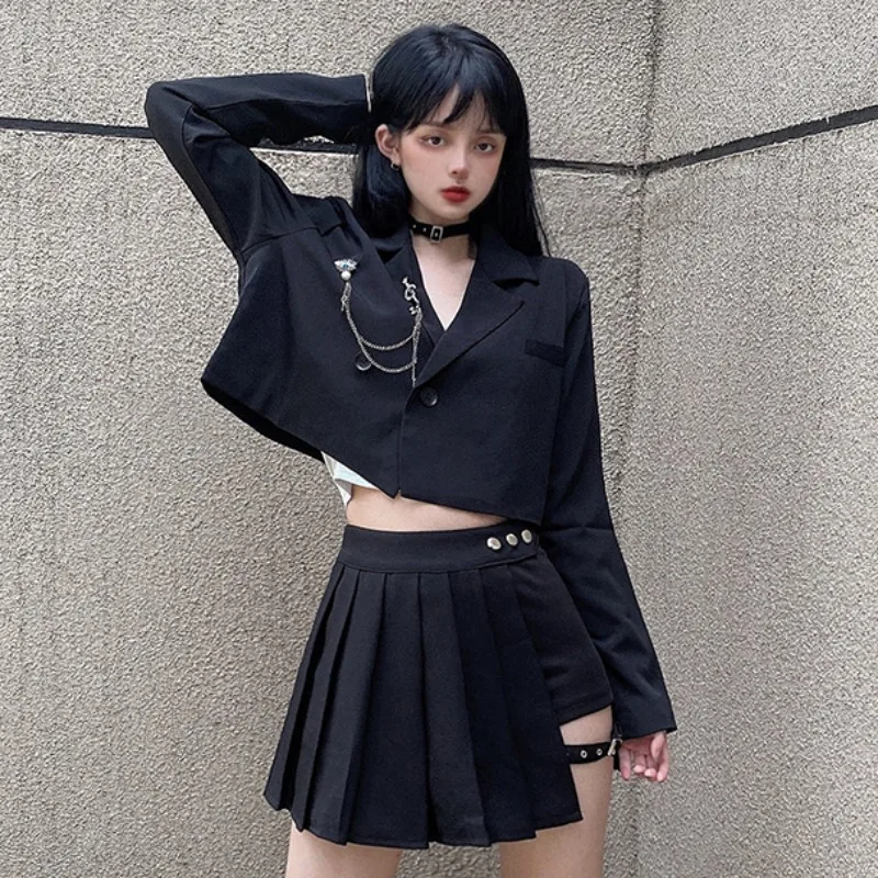 2023 Woman Punk Chain Black Short Jacket Fashion New Casual Pants Skirt Two-piece Set Spring Fall Solid Jackets Outerwear