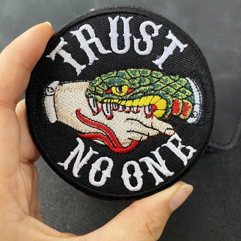 Cobra Bite Hand Embroidery on Clothes Hook and Loop Patch Trust No One Morale Badge Armband Tactical Backpack Stickers Emblems