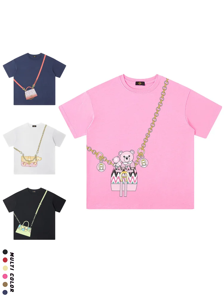 Cute Sweet Baby Girls t shirt Summer Fashion Bear Child Round neck top Heart Bag Print Kids T-shirt %100Cotton Girl Short sleeve