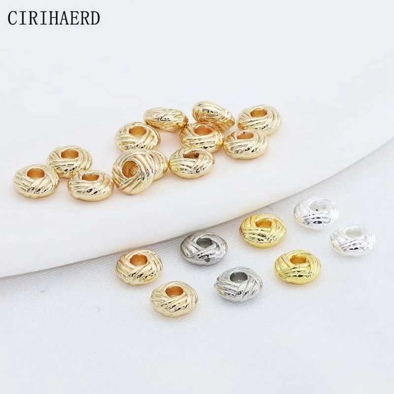 30pcs/lot 14K Gold Plated Copper Metal Twist Bead Weave Texture Flat Round Spacer Beads For Bracelet DIY Jewelry Making Fittings